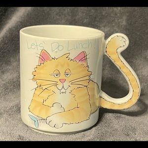 Vintage Mount Clemens Pottery Kitty Cat Let’s Do Lunch Mug With Tail Handle.